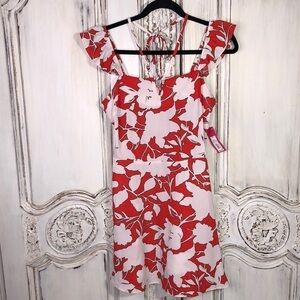 Xhilaration Red and White Floral Ruffle Sleeve Waisted Summer Dress Size XS NWT